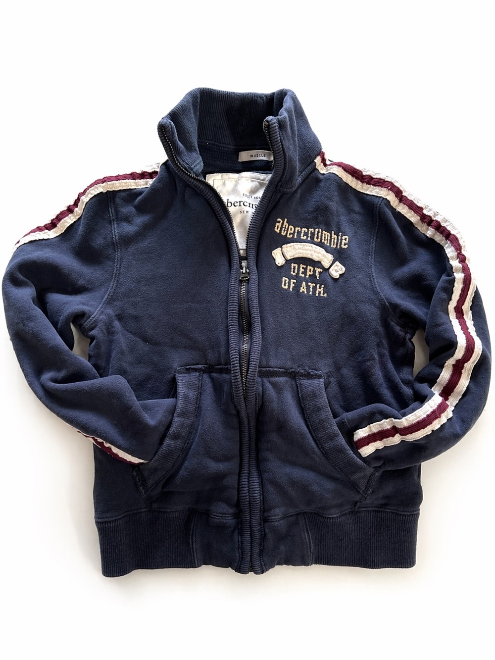 Abercrombie & Fitch Navy Zip-Up Kids Hoodie with Burgundy & Cream Stripes